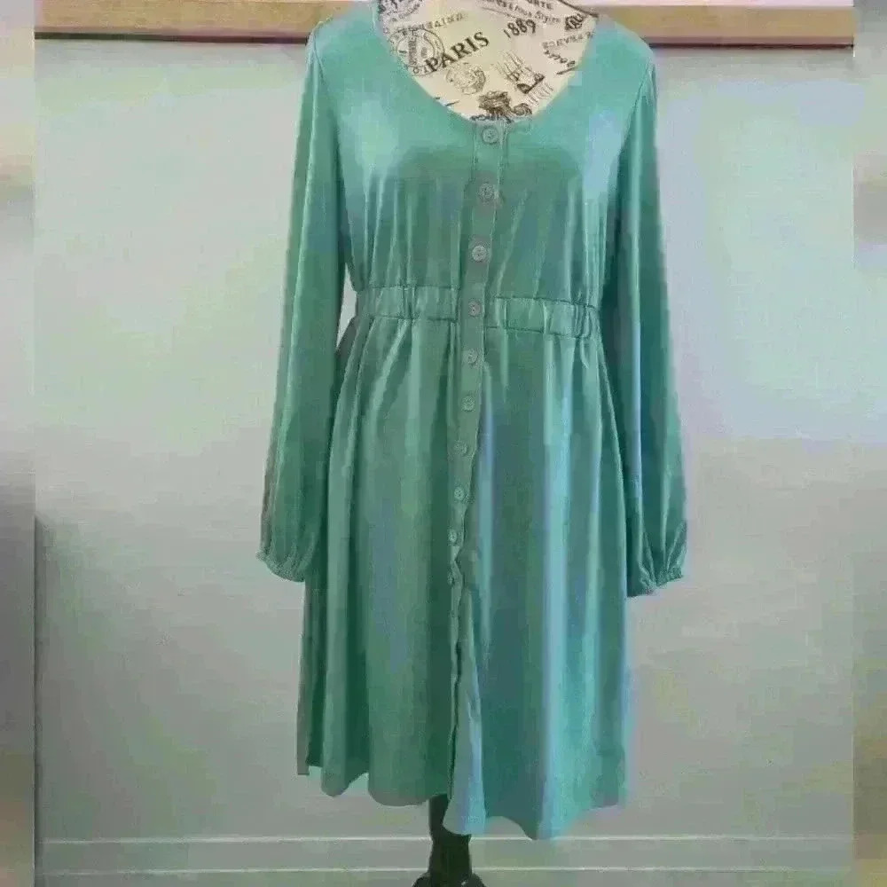 AMAZON | Women's Bluish/Green Button Down Long Sleeved V-Neck Mini Dress